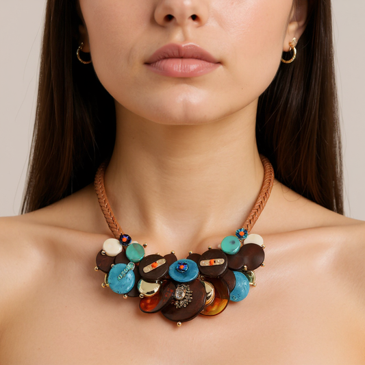 Brown Colorful Layered Disc Statement Necklace - Q38639