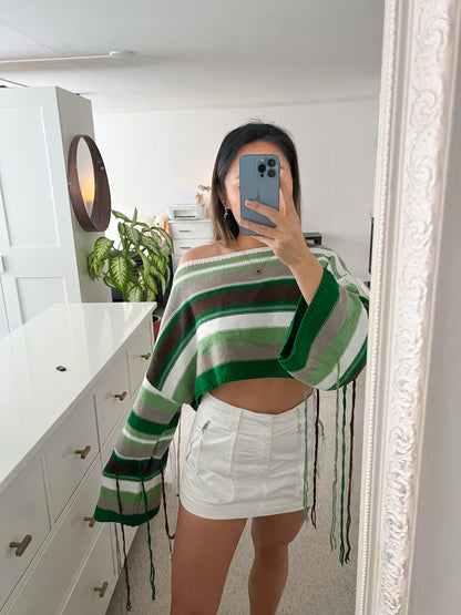 Jamie - Green Striped Fringed Sweater