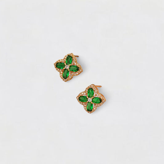 Green Four Leaf Flower Copper Earrings