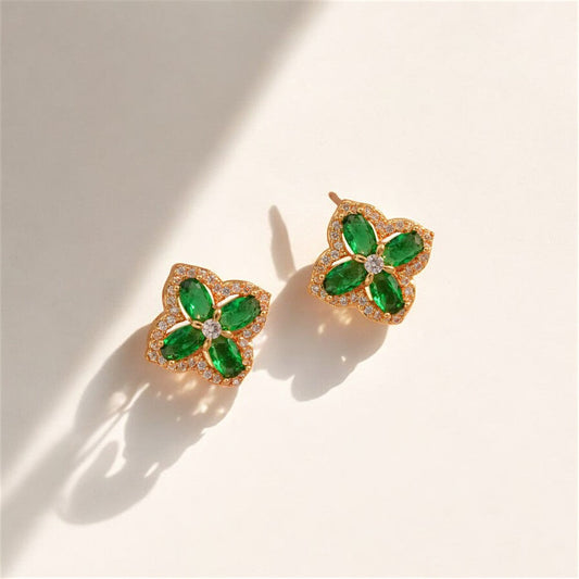 Green Four Leaf Flower Copper Earrings