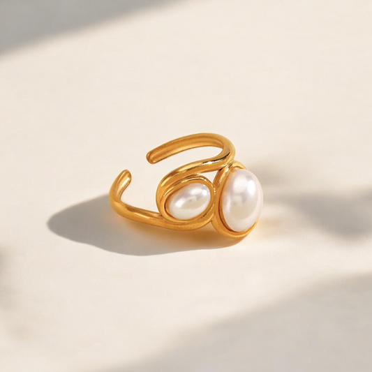 Gold Pearl Stainless Steel Open Statement Ring