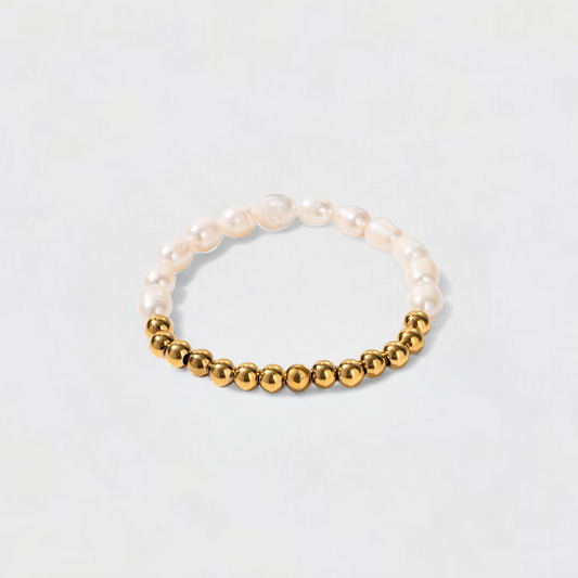 White and Gold Colorblock Pearl Beaded Stainless Steel Bracelet