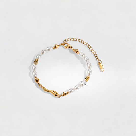 White and Gold Pearl Beaded Stainless Steel Bracelet