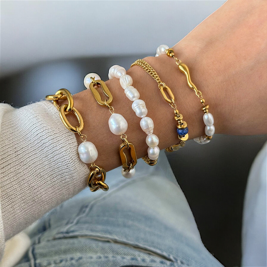 White and Gold Colorblock Pearl Beaded Stainless Steel Bracelet