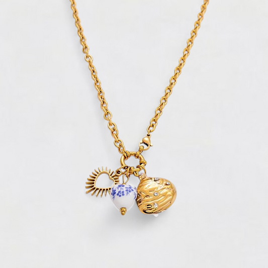 Gold Multi Charm Heart Stainless Steel Necklace