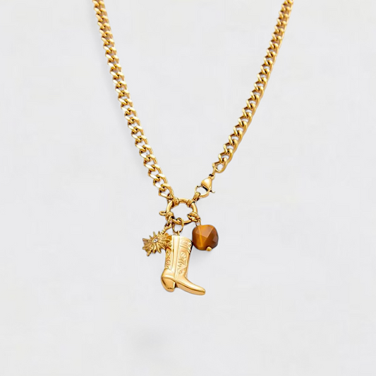 Gold Multi Charm Boots Stainless Steel Necklace