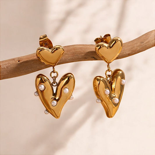 Gold Irregular Heart Stainless Steel Pearl Earrings