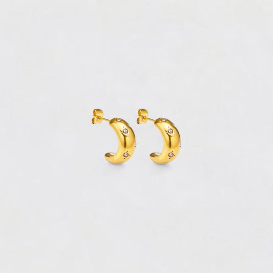 Gold C Shaped Diamond Titanium Steel Moon Earrings