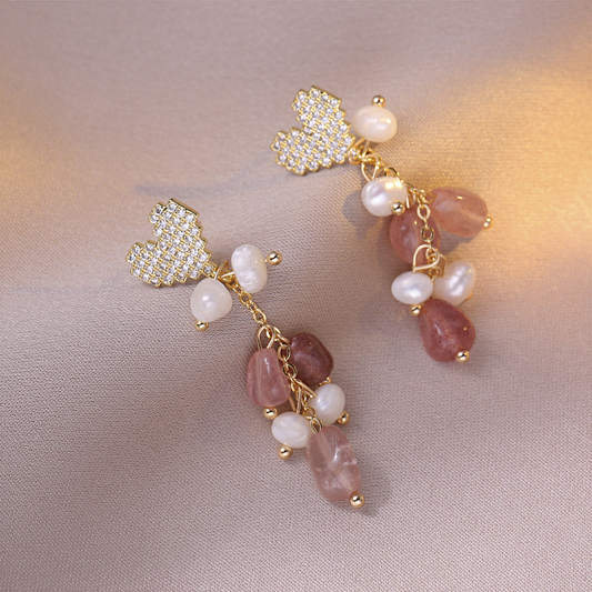 Gold Heart Shaped Pearl and Stone Statement Copper Earrings