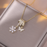 Gold Layered Charm Butterfly Flower Titanium Steel Necklace