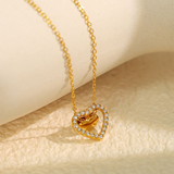 Gold Double Heart Rhinestone Titanium Steel Necklace