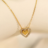 Gold Double Heart Rhinestone Titanium Steel Necklace