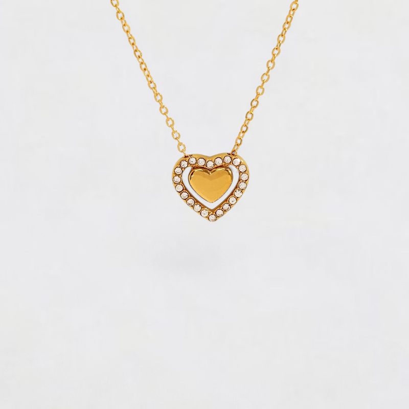 Gold Double Heart Rhinestone Titanium Steel Necklace