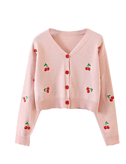 Pink Cherry Embroidered Cardigan Top - Kiss the Rainbow