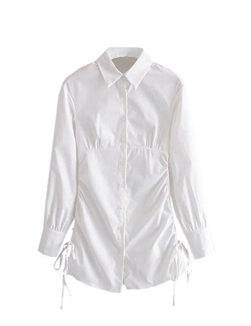 White Button Down Drawstring Shirt Dress - Kiss the Rainbow